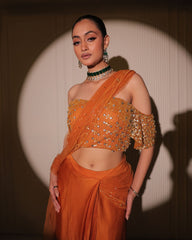 Burnt Orange Silk Pre-Draped Saree with Gold Sequin Blouse