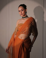 Burnt Orange Silk Pre-Draped Saree with Gold Sequin Blouse