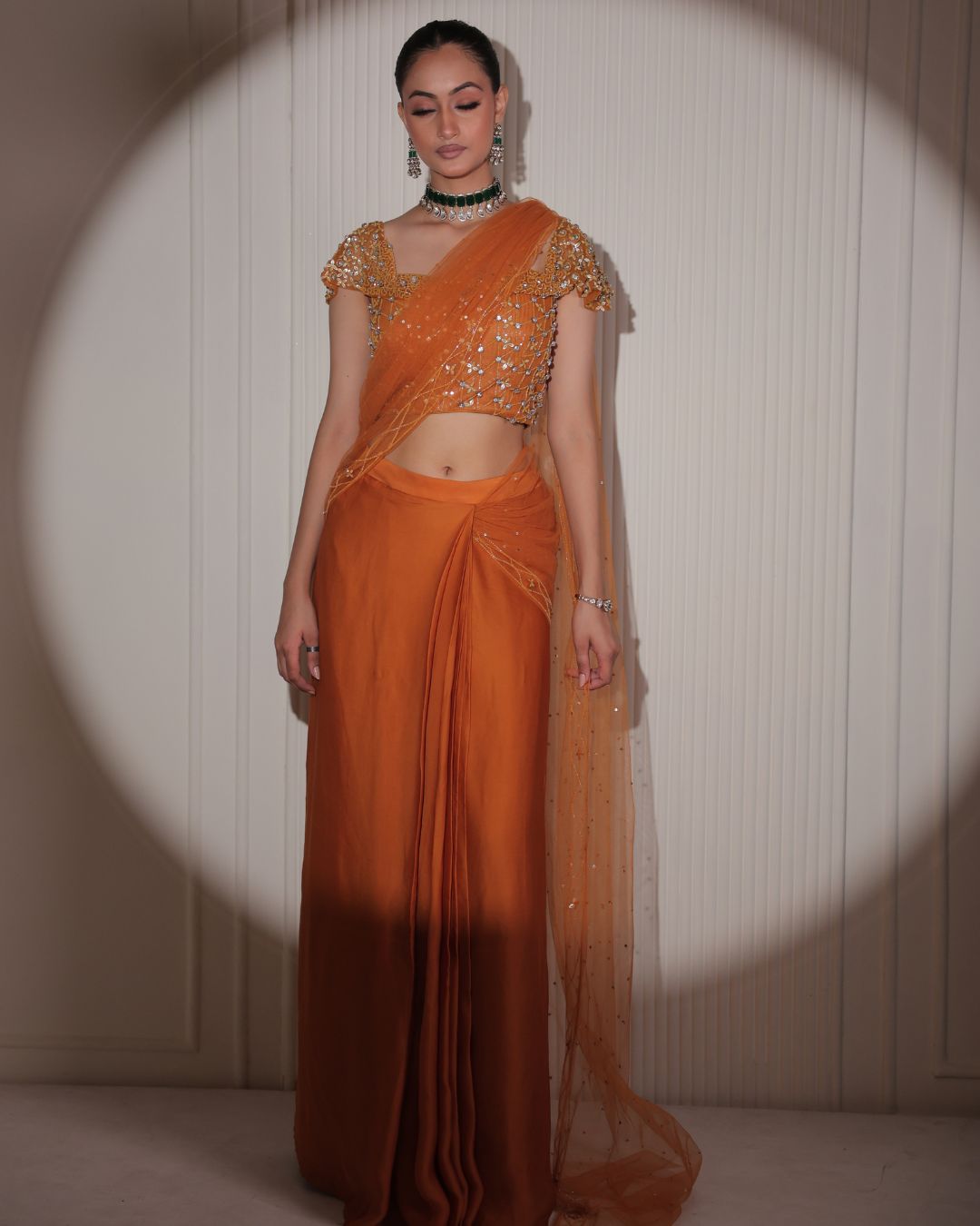 Burnt Orange Silk Pre-Draped Saree with Gold Sequin Blouse