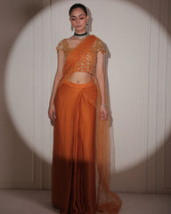 Burnt Orange Silk Pre-Draped Saree with Gold Sequin Blouse