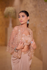 Nude Peach Draped Skirt Set with Embellished Cape & Blouse