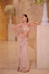 Nude Peach Draped Skirt Set with Embellished Cape & Blouse