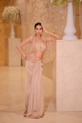 Nude Peach Draped Skirt Set with Embellished Cape & Blouse