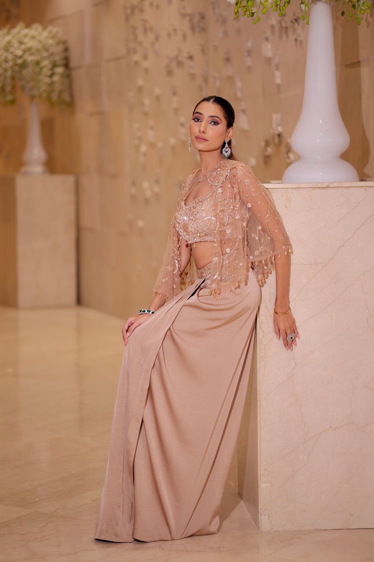 Nude Peach Draped Skirt Set with Embellished Cape & Blouse