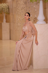 Nude Peach Draped Skirt Set with Embellished Cape & Blouse