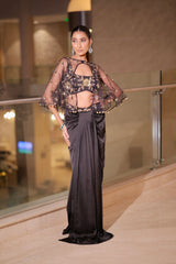 Black Satin Draped Saree Skirt Set with Embroidered Sheer Cape