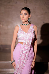 Blush Pink Sculpted Pre-Draped Saree with Iridescent Sequin Blouse