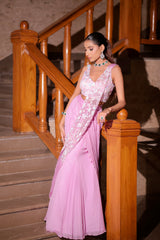 Blush Pink Sculpted Pre-Draped Saree with Iridescent Sequin Blouse